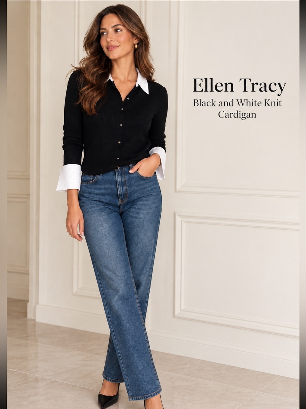 Ellen Tracy Black and White Knit Cardigan